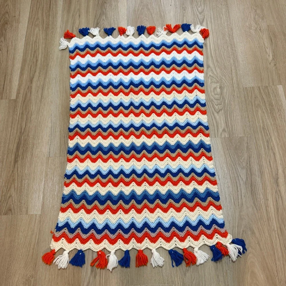 Crochet Chevron Throw Blanket 4x26 Red White‎ Blue Retro 1970s Style Afghan